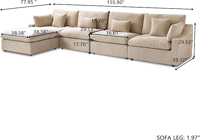 155.9" L Shape Cloud Modular Couches for Living Room, Modern Sectional Sofa with Chaise Ottomans, Deep Seat Couch Cushion Covers Washable&Removable, Sectional Sofas for Home Office Apartment (Khaki)