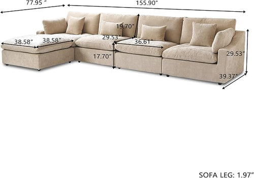 155.9" L Shape Cloud Modular Couches for Living Room, Modern Sectional Sofa with Chaise Ottomans, Deep Seat Couch Cushion Covers Washable&Removable, Sectional Sofas for Home Office Apartment (Khaki)