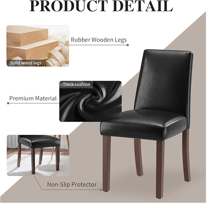 Dining Chairs Set of 4, Modern Dining Room Chairs with Wooden Legs, Faux Leather Upholstered Kitchen Farmhouse Parsons Chairs for Restaurant & Cafe- Black