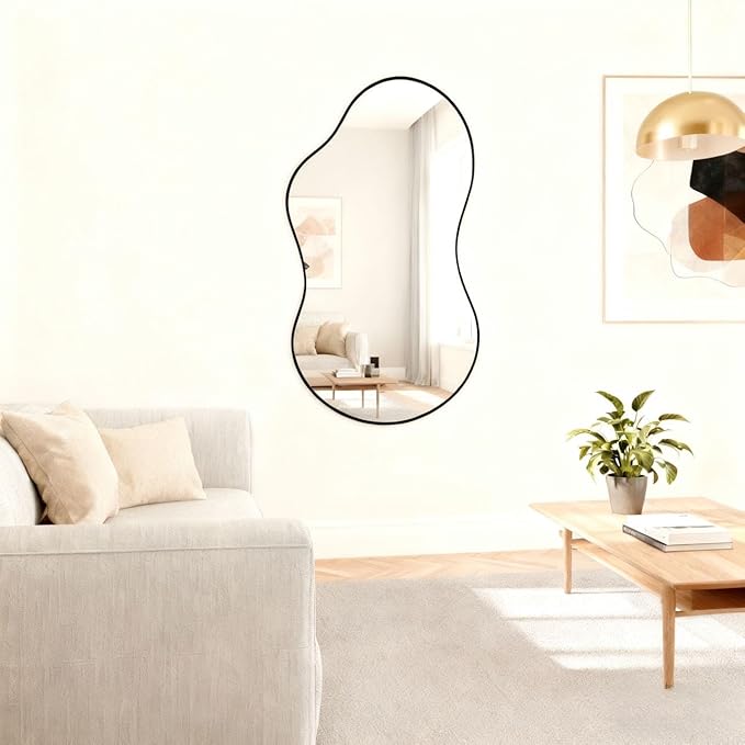 Itrue 20x36 Inch Black Framed Irregular Tempered Glass Wall Mirror, Asymmetrical Vanity Mirror for Bathroom, Bedroom, Entryway