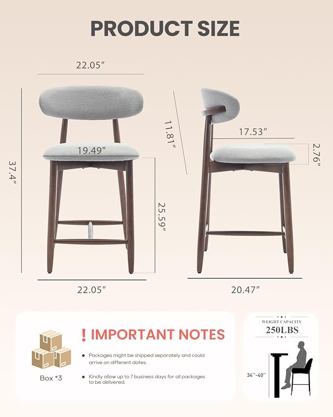 Bar Stools Set of 6, 25.6″ Counter Height Bar Stools with Wood Legs, Upholstered Modern Kitchen Barstools for Kitchen Island Dining Room Bar, Light Grey