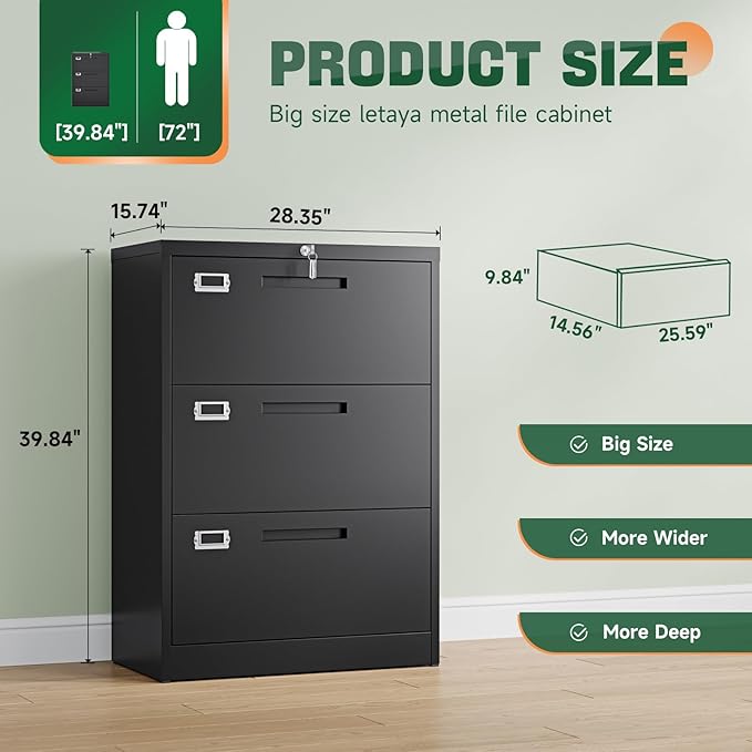 Letaya 3 Drawer File Cabinets with Lock,Metal Lateral Filing Storage Cabinet Printer Stand,Black Steel Home Office Cabinet for Hanging Files Letter/Legal/A4 Size (Black, H39.84×W28.35×D15.74)