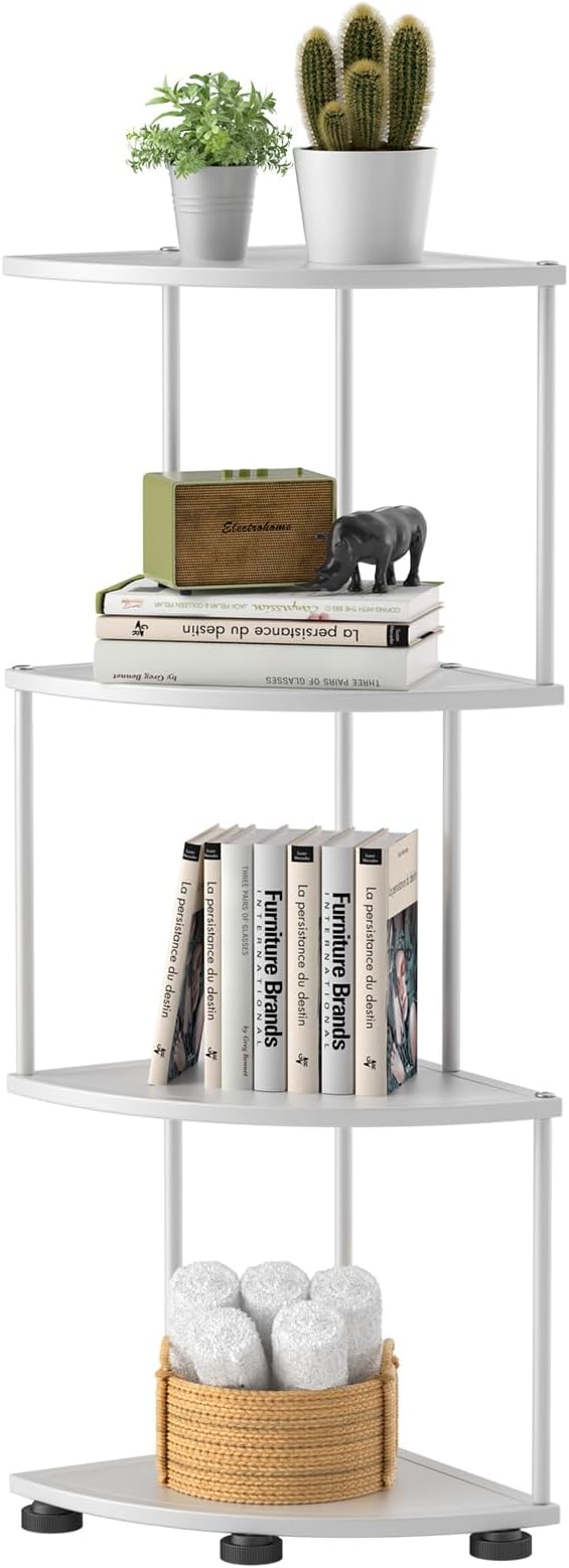 haomsj Metal Corner Shelf Stand 4 Tier 41",Sturdy Baking Paint Process Corner Shelves Display Shelf for Living Room Decor,Wall Corner Bookshelf Office Small Space (White)