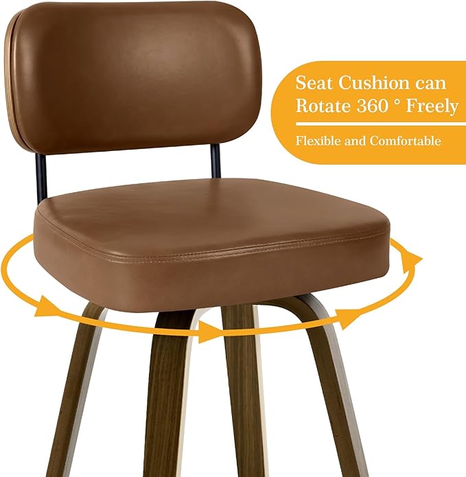 Bekrvio Swivel Bar Stools Set of 4, 29" Upholstered Faux Leather Barstools with Back and Bent Wood Legs, Mid Century Modern Bar Chair Island Stool for Kitchen Counter, Brown