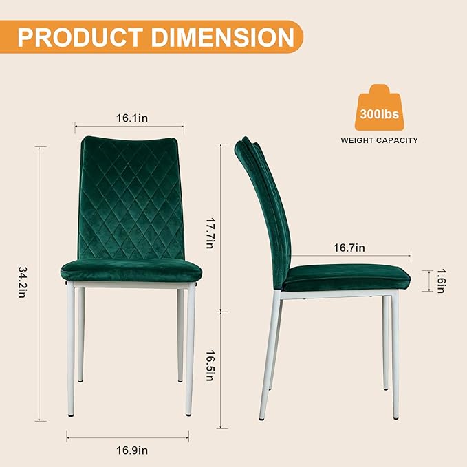 Dining Chairs Set of 2, Velvet Comfortable Seats, Mid-Century Modern Living Room Chairs, Upholstered Kitchen Chairs with Mental Legs and Padded Seat, Easy Assembly, Dark Green