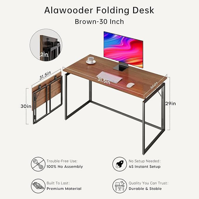 alawooder Folding Desk - 31.5" Wood Top Foldable Desk for Small Spaces | No Assembly Required Compact Desk for Home Office, Writing, and Study