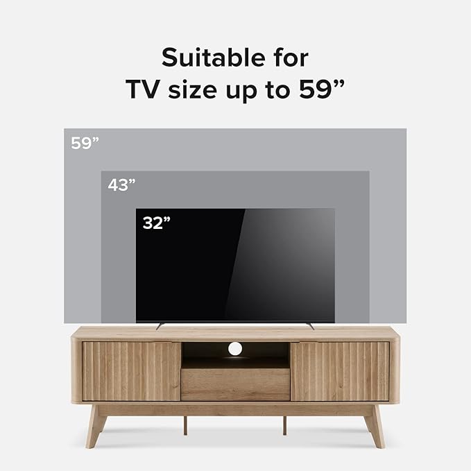 mopio Brooklyn Mid-Century Modern TV Stand, for TVs up to 50” / 59" Waveform Panel, Sleek Curved Profile with Adjustable Shelf and Sturdy Box Frame Leg (Golden Oak, 57")