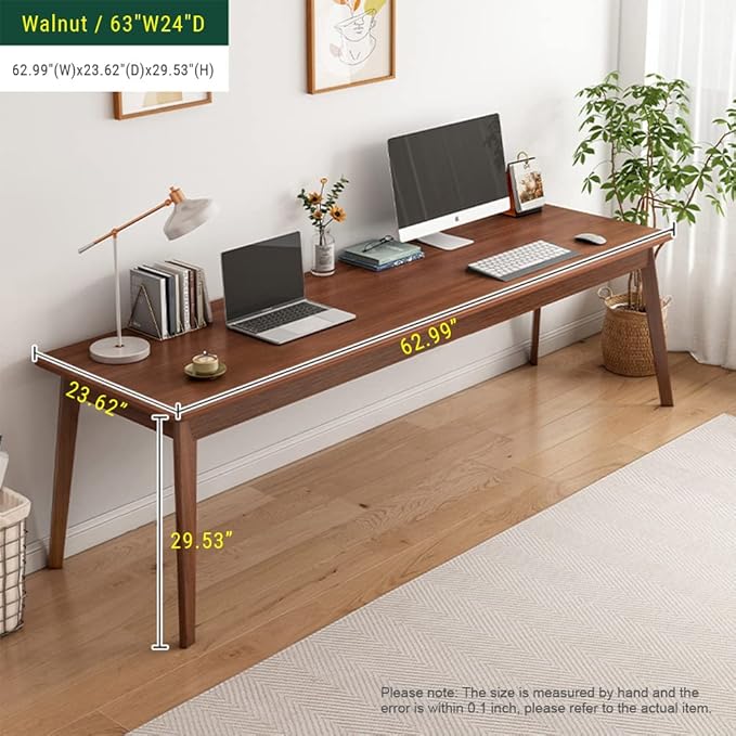 NELYE Mid-Century Long Desk Table - 63" Simple Modern Extra Long 2-Person Wood Computer Workstation for Home Office Work in Walnut, 63" W x 24" D