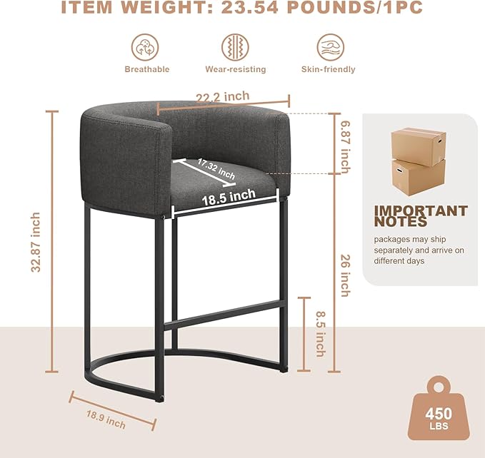 26" H Counter Height Bar Stools Set of 1, Modern Barrel Counter Stools with Backrest and Arms, Linen Fabric Upholstered Accent Barstools for Kitchen Island,Support 450 LBS (Carbon Black)