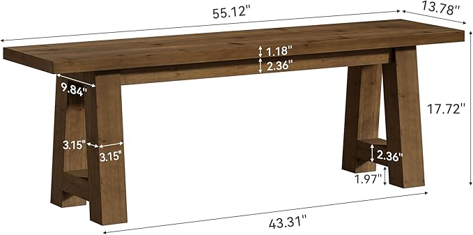 Solid Wood Dining Bench, 55.12-Inch Farmhouse Entryway Bench Indoor for Hallway, Kitchen, Dining Room, Living Room (Dark Brown)