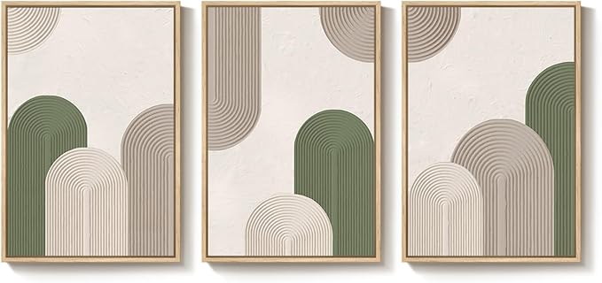 Framed Green Beige Abstract Wall Art for Living Room, 3 Piece Large Neutral Modern Minimalist Canvas Artwork for Walls, Boho Bauhaus Geometric Painting Prints for Bedroom Office Wall Decor, 24x36 Inch