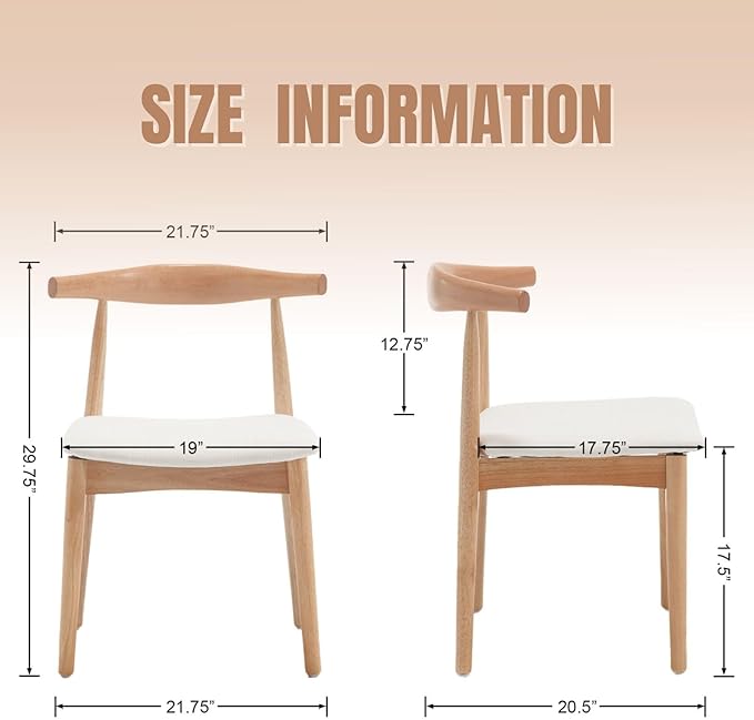 ROCITY Wood Dining Chairs Set of 2 Fabric Kitchen Chairs with Linen Cushion and Barrel Backs Mid Century Modern Dining Room Chairs, Natural Wood
