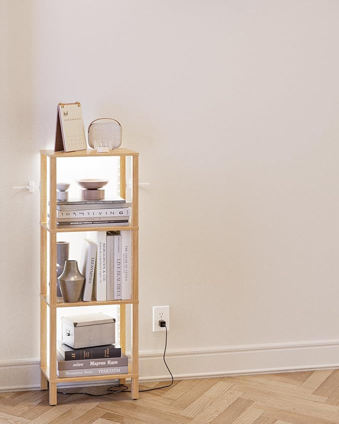 Open Book Shelf with LED Lights, 4 Tier Small Bookshelf, Freestanding Shelf Narrow Bookcase with Open Shelves, 14.96" x 10.63" x 41.26", Book Shelves for Living Room, Office, Study, Oak