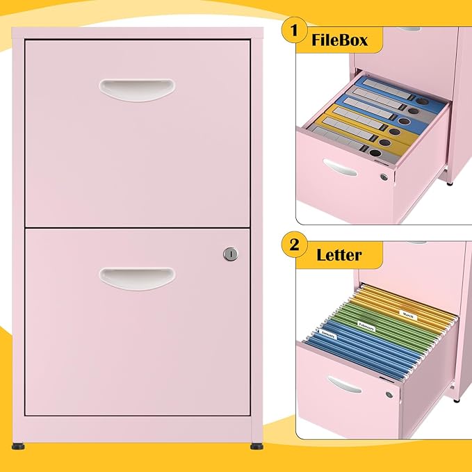 SteeLoong 2 Drawer File Cabinet with Lock,Pink Metal Office Drawers Filing Cabinets for Home Office, Two Drawer Under Desk File Cabinet for Hanging Letter,Easy Assemble