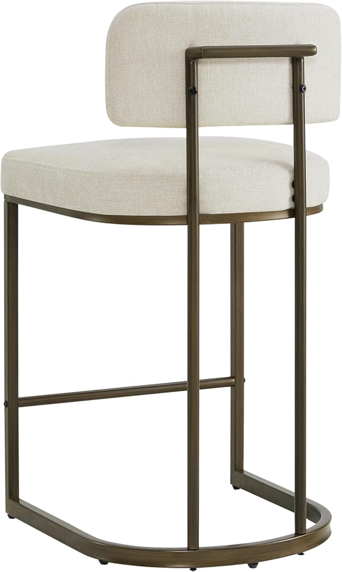 26" H Counter Height Bar Stools Set of 3, Modern Linen Fabric Upholstered Barstools with Backrest for Kitchen Island, Gold Metal Frames, Linen