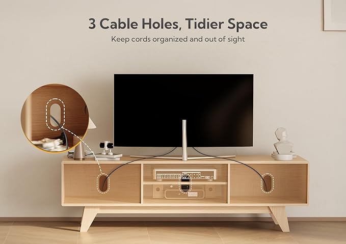 Claiks Mid-Century Modern TV Stand for 75 inch TV, Wood Fluted TV Stand with Storage and Adjustable Shelves, Low Profile TV Console for Living Room, Oak