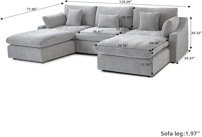 119" U Shape Cloud Modular Couches for Living Room, Modern Sectional Sofa with Chaise Ottomans, Deep Seat Couch Cushion Covers Washable&Removable, Sectional Sofas for Home Office Apartment (Grey)