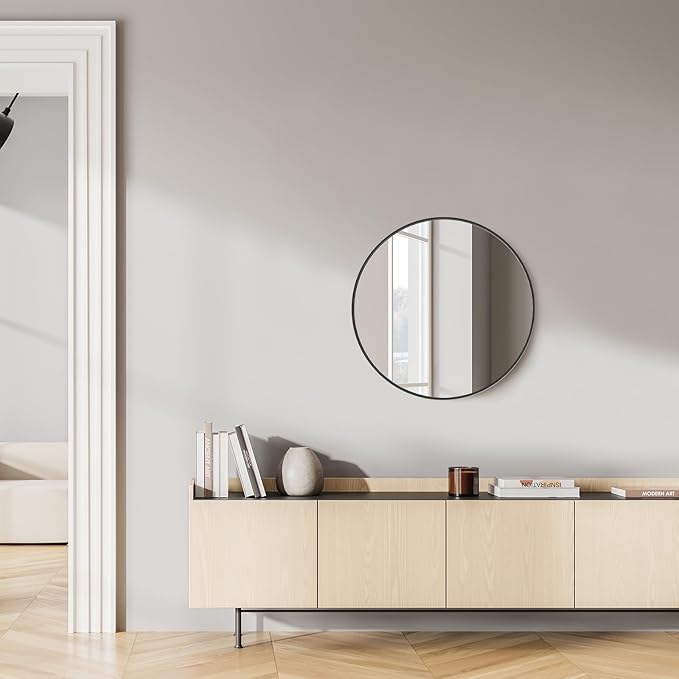 NEWBULIG 20 Inch Round Wall Mirror, Bathroom Mirror for Over Sink, Matte Metal Framed Circle Vanity Mirror, Wall Decor for Bedroom, Anti-Rust, Tempered Glass, Hanging or Leaning, Classic Black