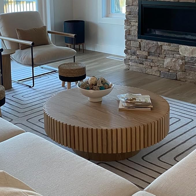 Round Coffee Table Wood Circle Coffee Table for Living Room Contemporary Fluted Table for Apartment, Easy Assembly ø35.43'', Oak
