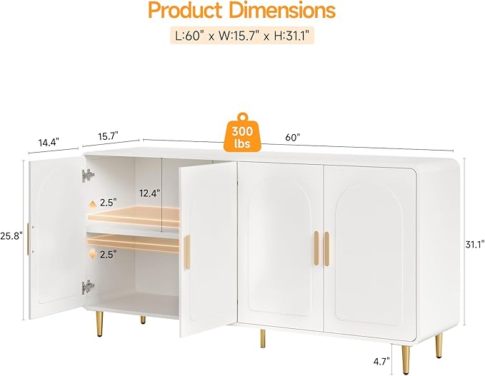 ONBRILL 60" Sideboard Buffet Cabinet, Large Credenza Storage Cabinet, Modern Console Table with Doors and Shelves, White Coffee Bar for Living Dining Room Kitchen Hallway