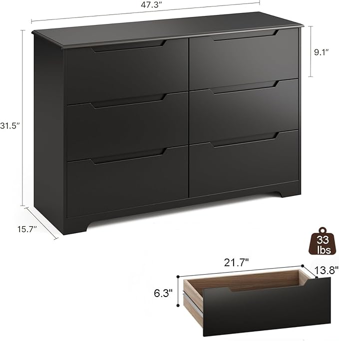 Gizoon 6 Drawer Double Dresser for Bedroom with Anti-Tip Design, Modern Wide Wooden Chest of Drawers with Cut-Out Handles, Closet Storage Organizer and TV Stand for Living Room, Hallway, Entryway