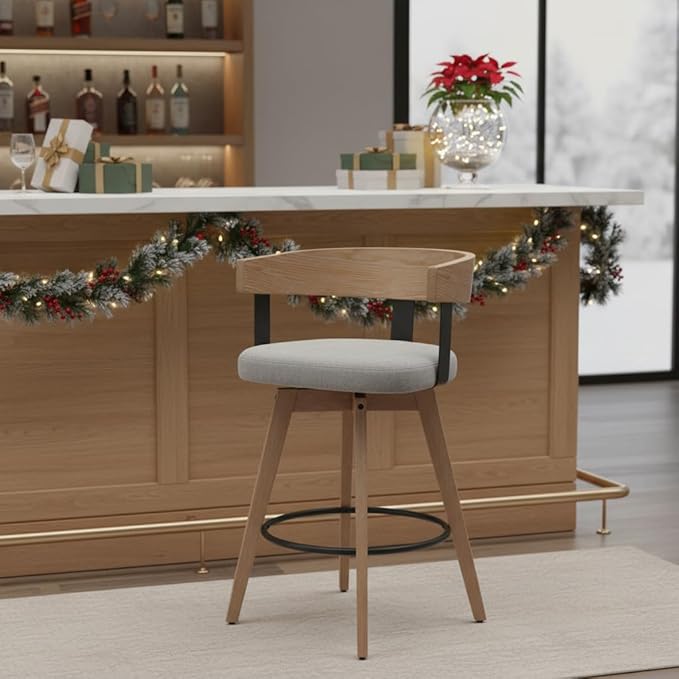 DUOMAY Swivel Bar Stools Set of 1, 26" Counter Height Bar Stool with Footrest Modern Wood Barstool with Linen Upholstered Seat Counter Stools for Kitchen Island Home Bar, Grey