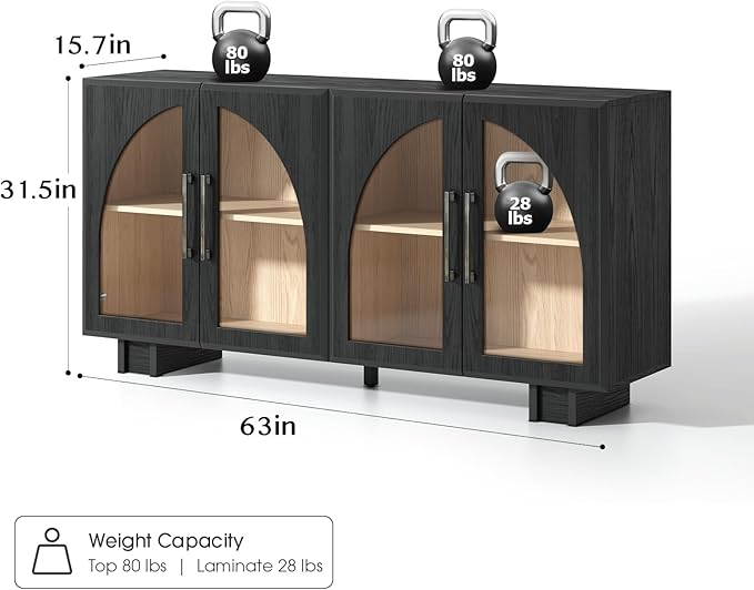 JOINICE Sideboard Buffet Cabinet with Storage,63” Modern Accent Console Cabinet with Glass Doors,Arched Credenza Storage Cabinet with Adjustable Shelves for Entryway,Kitchen,Black