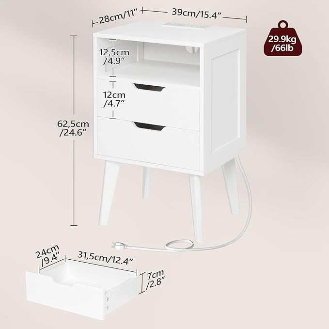MAHANCRIS White Nightstand with Charging Station, Modern Bedside Table with 2 Storage Drawers and Open Shelf, Night Stand with Solid Wood Legs, for Bedroom, End Side Table for Small Spaces, ETWT69E01
