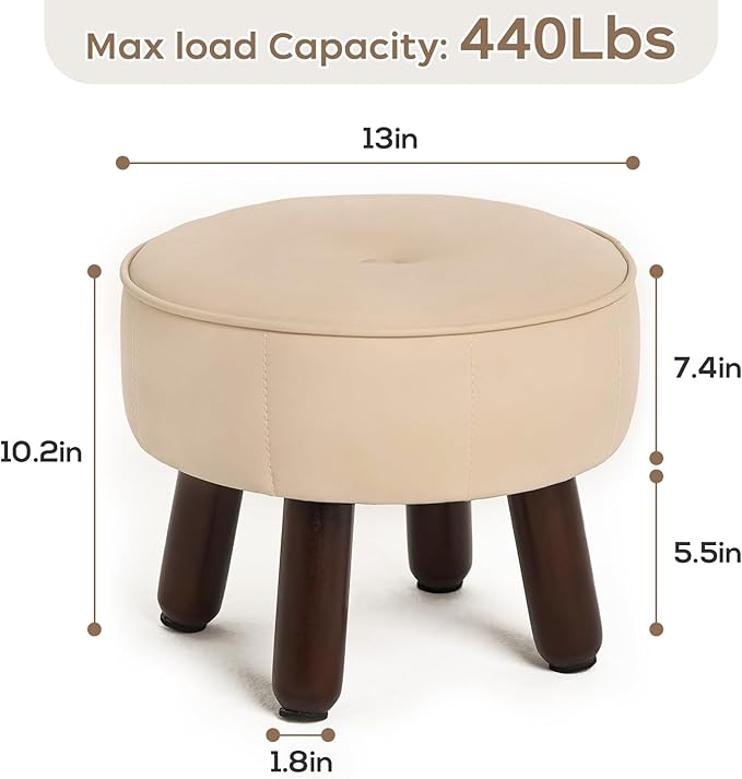 oakvivo 13in Small Foot Stool Ottoman, Round Faux Leather Foot Rest for Couch, Under Desk Pouf Footstool Footrest with Non-Skid Rubber Legs for Ling Room, Bedroom, 13''L x 13''W x 10.2''H, Beige