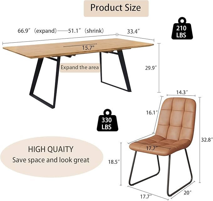 ZckyCine Expandable Dining Table Set for 6, 51"-67" Extendable Rectangular Wooden Table with 6 Chairs, Modern Space-Saving Kitchen & Dining Room Furniture for Apartment