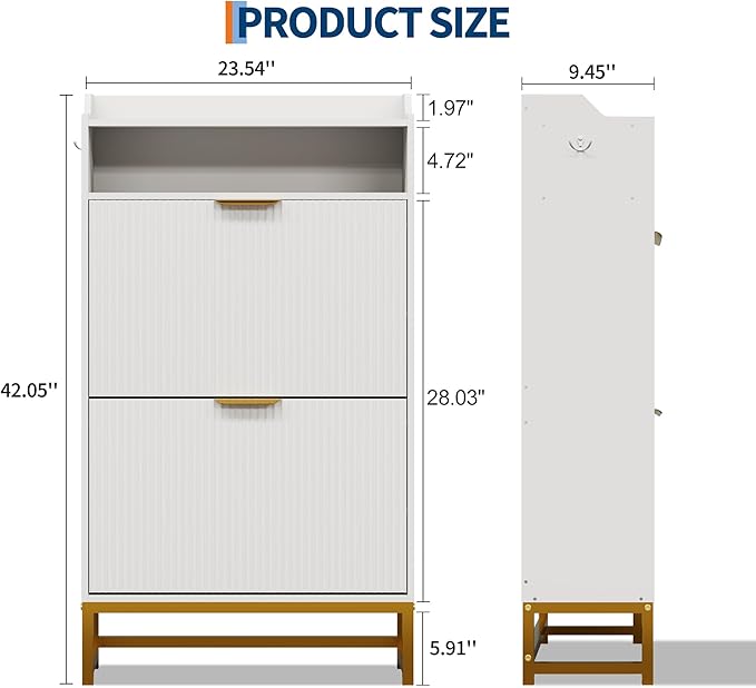 IDEALHOUSE Modern Shoe Cabinet with 2 Flip Drawers & Open Storage Shelf,Shoes Rack with Adjustable Levels,Gold Metal Handles&Fluted Panel for Entryways, Hallways, or Living Rooms(White Color)
