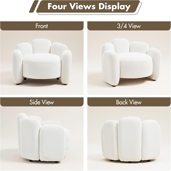 Hyfirm Modern Accent Chair, Mid-Century White Upholstered Comfy Barrel Chair with Solid Wood Base, Comfortable Single Reading Seater for Living Room, Bedroom, Study, Scandinavian Style Side Seating