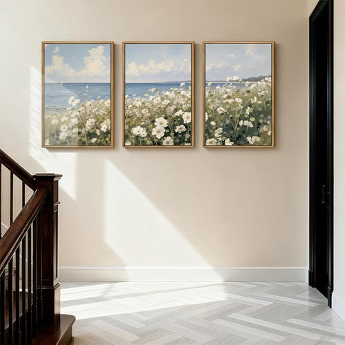 Anyzal Large Farmhouse Flower Framed Wall Art 16x24 Inch Coastal Wildflower Canvas Wall Decor Modern Landscape Painting for Living Room Bedroom Dining Room Set of 3