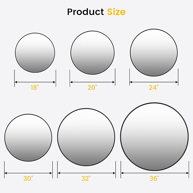 30 Inch Black Round Wall Mirror, Modern Metal Frame for Bathroom, Living Room, Bedroom Decor