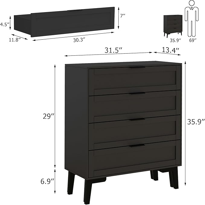 TaoHFE Black 4 Drawer Dresser for Bedroom,Wood Lingerie Chest of Drawers for Bedroom,Modern 36inch Tall Black Dresser for Bedrooms Living Room, Entryway, Cloakroom
