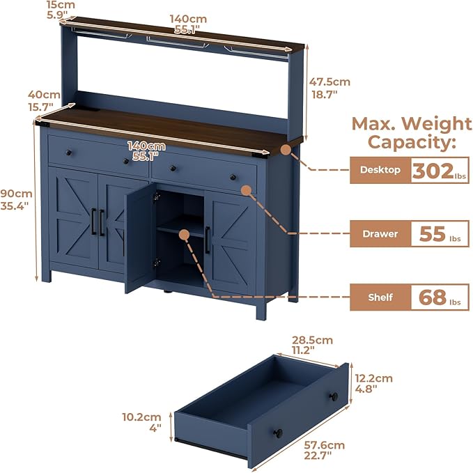 VVFLU Hutch Storage Buffet Cabinet with Drawers, and Charging Station, Coffee Bar Cabinet with Barn Doors, Wine Rack and Hooks, Blue Wood Sideboard Buffet for Kitchen, Dining Room, 54.1" High