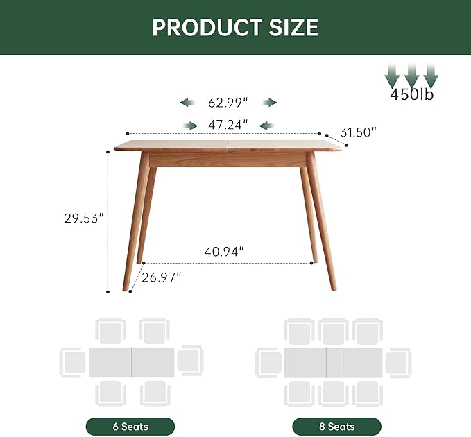 47’’-63’’ 100% Oak Extendable Dining Table and Chairs Set for 4, Solid Wood Folding Kitchen Table, Mid Century Modern Dinner Table for Kitchen, Living Room, Natural (47''-63''+4 Chairs)