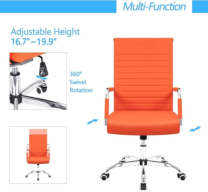 Furmax Ergonomic Office Desk Chair, Executive Ribbed Mid-Back PU Leather Conference Room Chair Adjustable Swivel Chair with Arms (4, Orange)