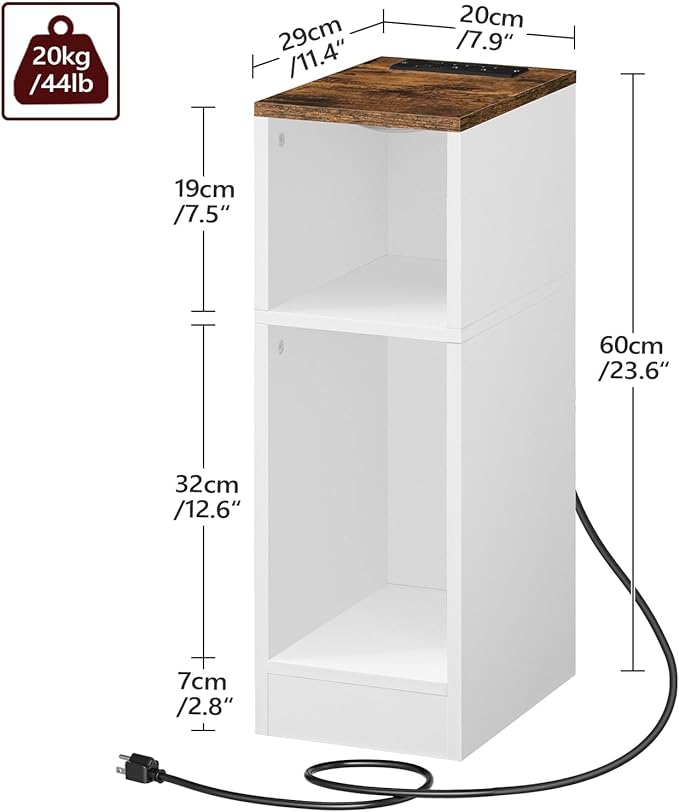 MAHANCRIS Narrow Nightstand with LED Light, Narrow End Table with Charging Station, Skinny Bedside Table for Small Spaces, Mid Century Modern Night Stand for Bedroom, Rustic Brown and White ETBR30E01