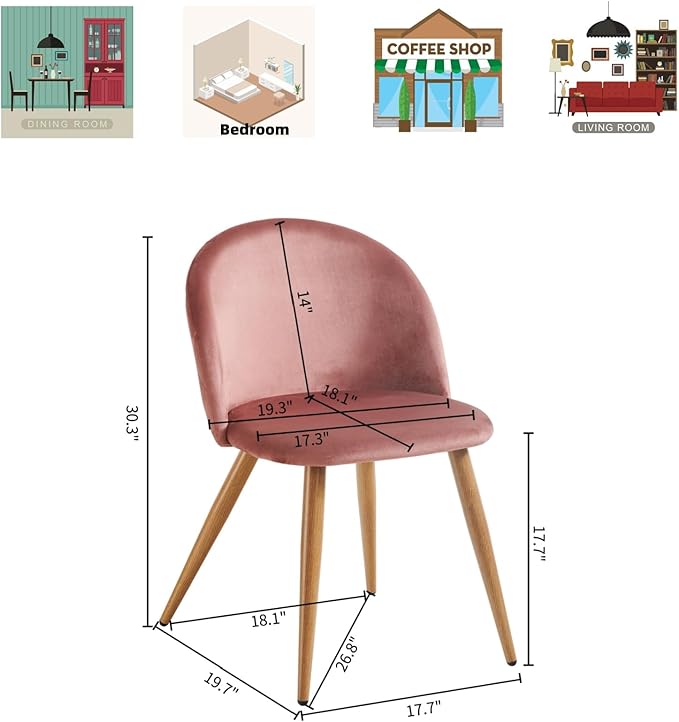 Homy Casa Dining Chairs Set of 4 Velvet Accent Kitchen Chairs Set Scandinavian Style Side Chair Set for Living Dining Room Lounge, Metal Legs and Soft Seats, Rose 4PCS