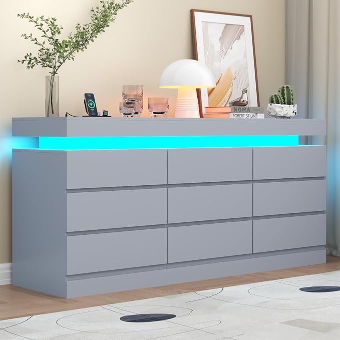 Gyfimoie 9 Drawer Dresser with Power Outlet, Dresser with LED Light, Modern Chest of Drawers for Closet, Double Wide Drawer Organizer Cabinet for Bedroom, Living Room (Grey, 9 Drawers)