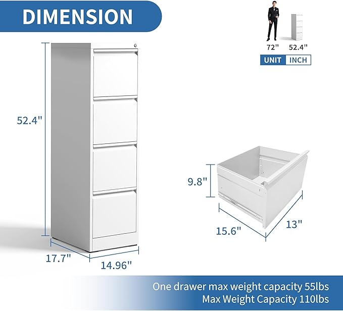 4 Drawer File Cabinet with Lock, Metal Vertical Filing Cabinets for Home Office, Heavy Duty File Storage Cabinet for Letter/Legal/A4/F4 Size File, Assembly Required, White