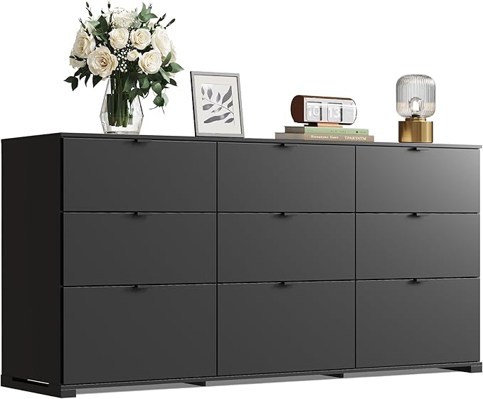 WLIVE 9 Drawer Dresser for Bedroom, 63" Wide Black Drawers Large Wooden Chest of Drawers Organize with Sturdy Metal Handle, Modern Dresser for TV Stand, Living Room Office, Hallway, Ball Bearing Slide