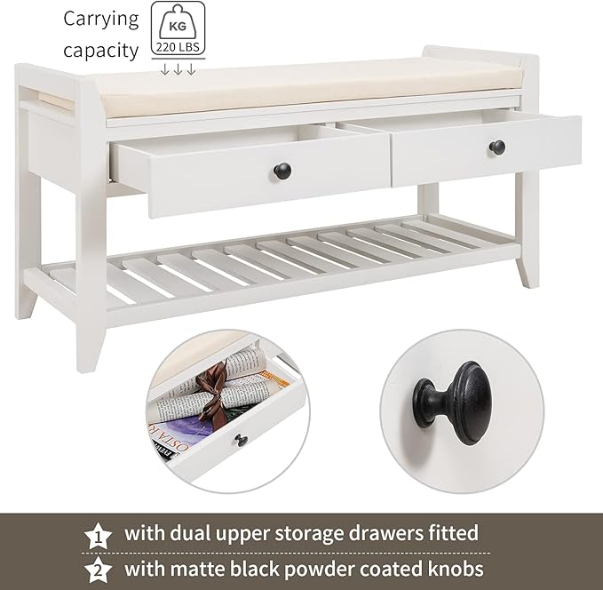 LUMISOL Storage Bench, Shoe Rack with Upholstered Seat and 2 Drawers, Solid Wood Entryway Storage Bench with Shoe Rack for Entryway, Living Room, Bedroom, White