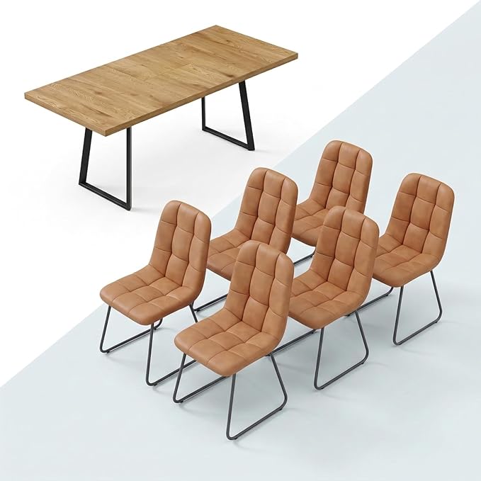 ZckyCine Extendable Dining Table Set 47"-63", Rustic Wood Table with 6 PU Leather Chairs, Modern Scandinavian Dining Room Furniture for Kitchen Apartment