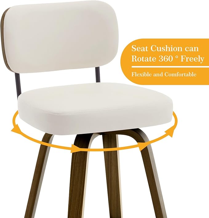 Bekrvio Swivel Bar Stools Set of 4, 29" Upholstered Faux Leather Barstools with Back and Bent Wood Legs, Mid Century Modern Bar Chair Island Stool for Kitchen Counter, Cream White