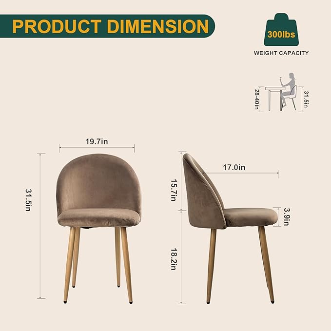 Dining Chairs Set of 2, Velvet Comfortable Seats, Mid-Century Modern Living Room Chairs, Upholstered Kitchen Chairs with Wooden Legs and Padded Seat for Bedroom Office Easy Assembly, Brown