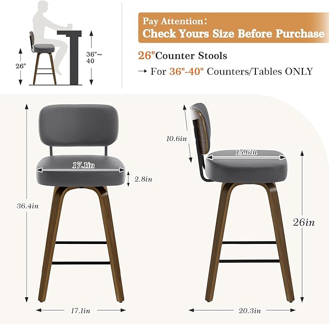 Bekrvio Swivel Counter Height Bar Stools Set of 4, 26" Upholstered Faux Leather Barstools with Back and Bent Wood Legs, Mid Century Modern Bar Chair Island Stool for Kitchen Counter, Grey