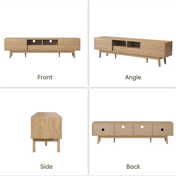 MU 70 Inch TV Stand for TVs up to 75 Inch, Mid Century Modern TV Console with Fluted Sliding Doors, Shelves & Drawers, Low Profile Entertainment Center for Bedroom, Living Room (Oak, 70")