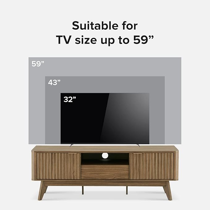 mopio Brooklyn Mid-Century Modern TV Stand, for TVs up to 50” / 59" Waveform Panel, Sleek Curved Profile with Adjustable Shelf and Sturdy Box Frame Leg (Natural Walnut, 57")